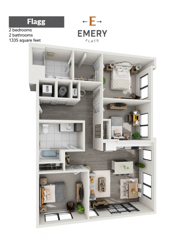 Floor plan for 3 beds, 2 baths, 1335 sqft